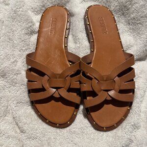 Schultz Phoenix Flat. Brown Leather. Size 8 tan brown slides slip on sandal trav